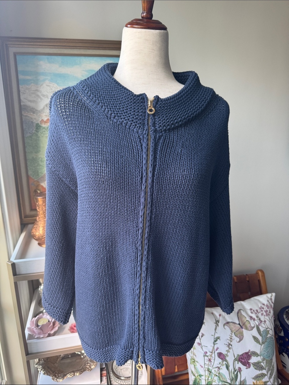 Escales Paris Cannes Jacket Navy Zip-Front Knit Cardigan with Textured Collar